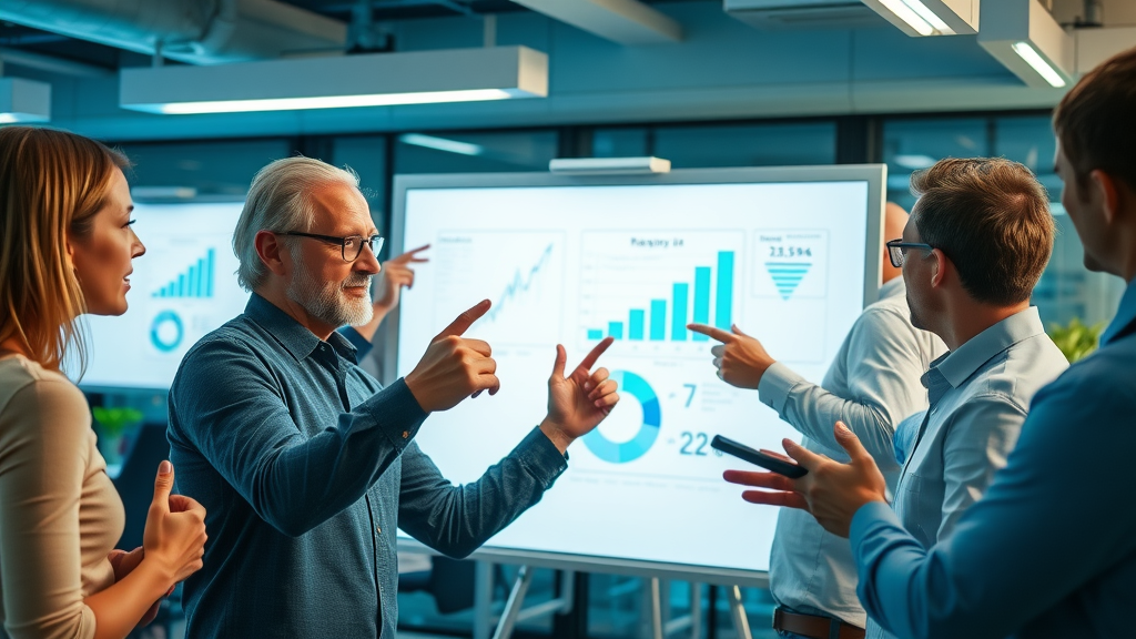 Insightful marketing strategy consultant Raleigh team session, brainstorming at illuminated whiteboard with graphs