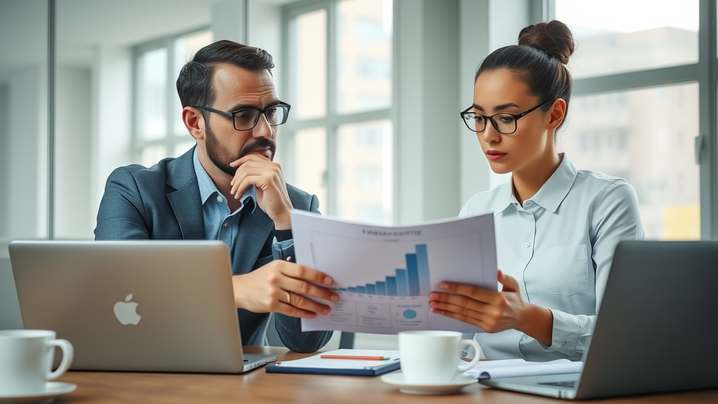 Contrasting Raleigh marketing consultant and junior associate, reviewing strategy deck in bright conference room