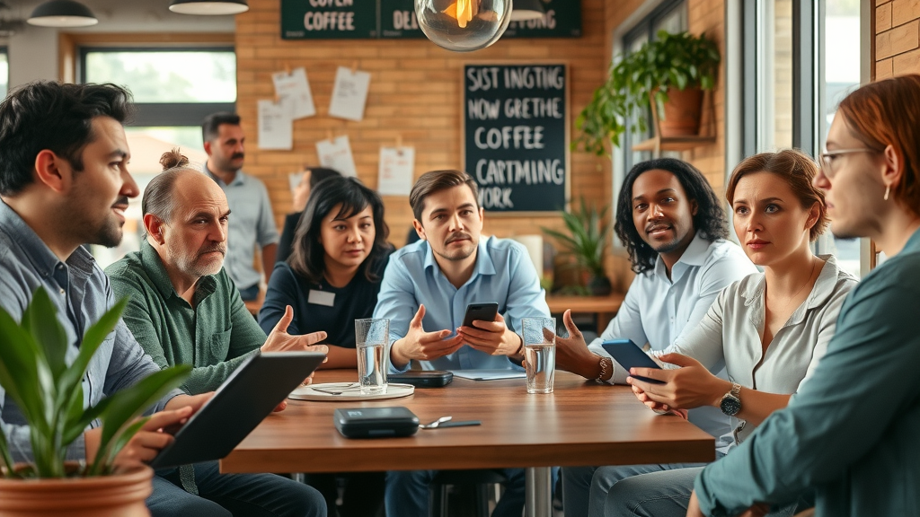Diverse Raleigh business owners discussing marketing consultant misconceptions in a coffee shop