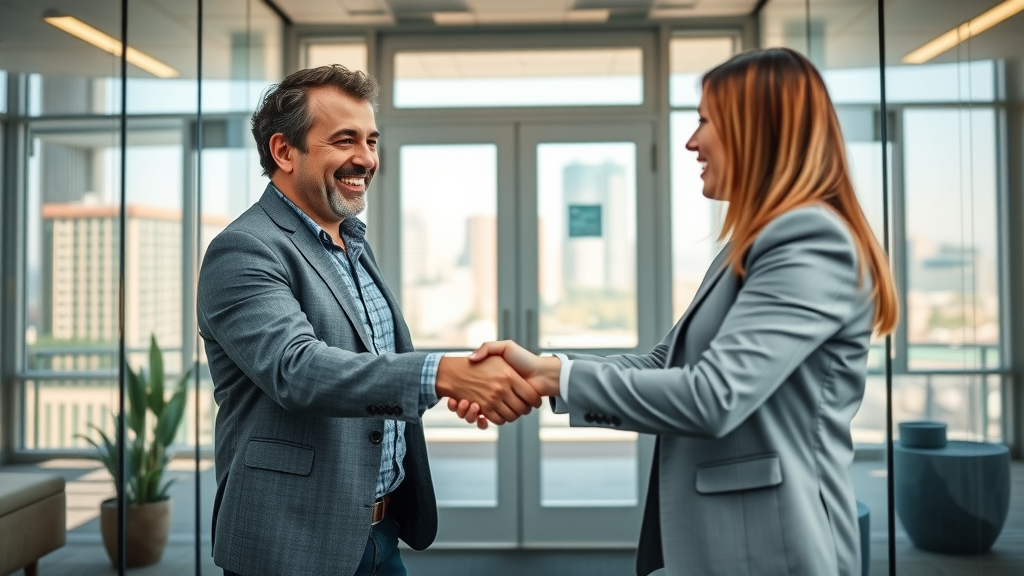Energized Raleigh business owner shaking hands with a marketing strategy consultant in modern office setting
