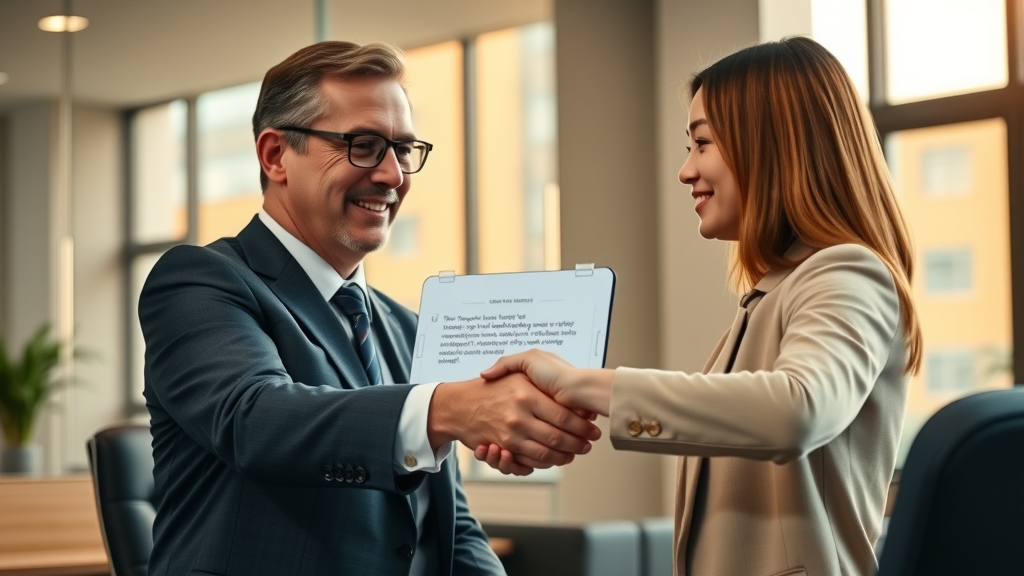 Genuine attorney and client shaking hands in testimonial video for charlotte law firm marketing
