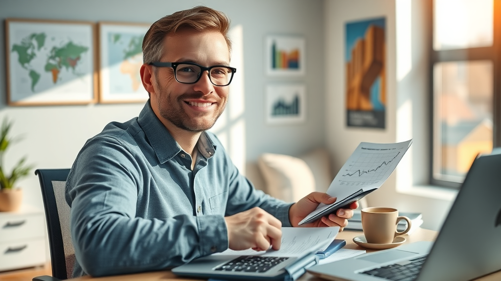 Optimistic Raleigh small business owner budgeting marketing spend with calculator and financial data — Raleigh small business marketing tips