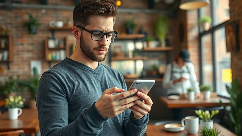 Thoughtful Raleigh small business owner reviewing marketing insights on smartphone in coffee shop — Raleigh small business marketing tips