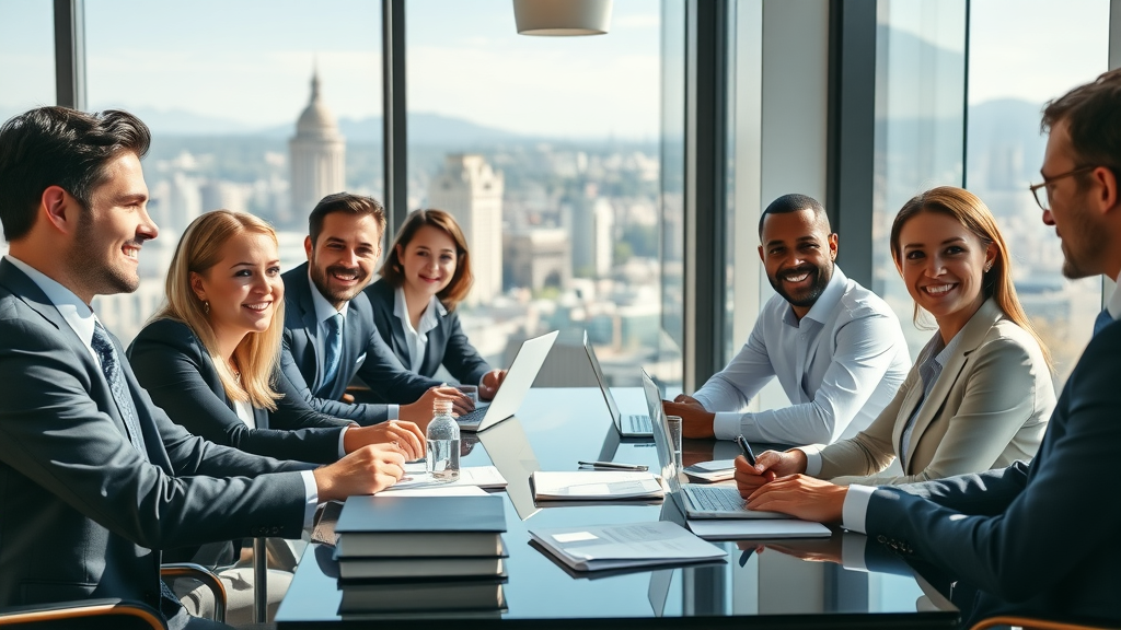 Professional law firm team discussing strategy in modern office - video seo for lawyers