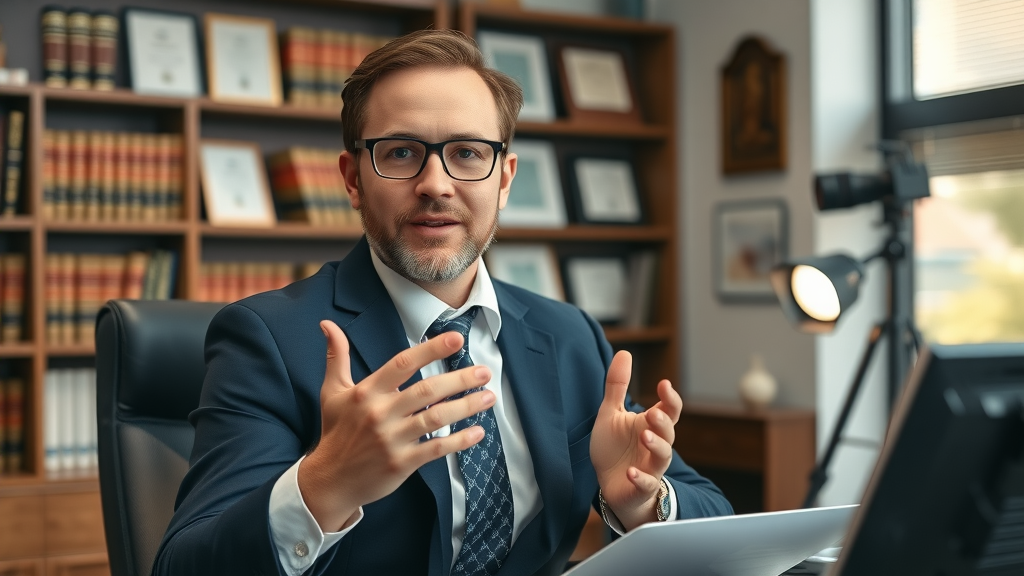 Attorney recording legal explainer video for legal marketing in law firm office
