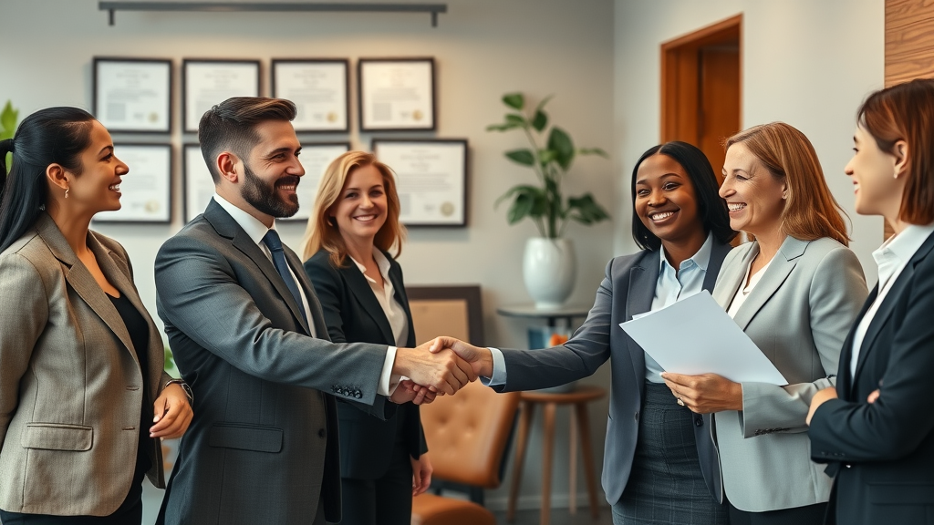 Diverse lawyers handshake with happy clients, legal marketing and client testimonial trust built