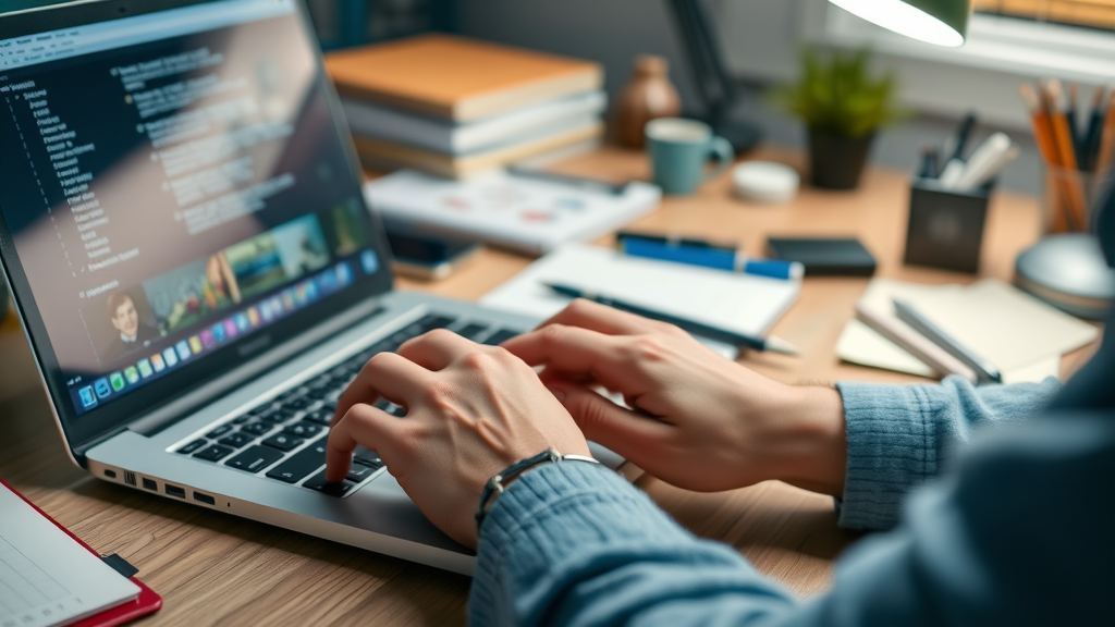 Hands typing video metadata for law firm SEO optimization in legal marketing