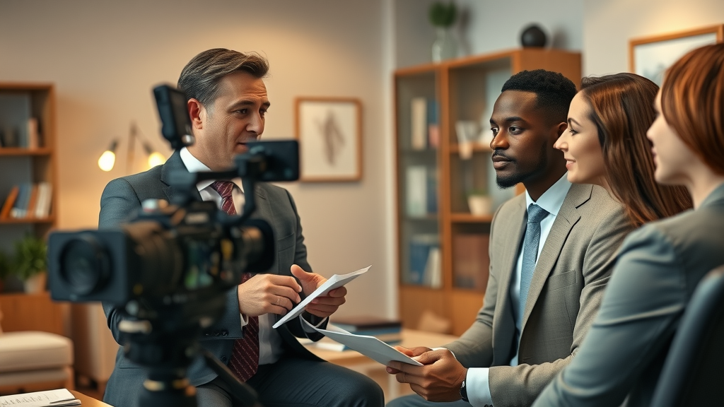 Lawyer filming client testimonial; building trust for law firm with video content