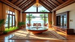 luxurious HuaHin villa, opulent, surrounded by gardens, photorealistic, architecture with large windows, highly detailed, ocean breeze seen in fluttering curtains, high resolution, soft earth tones, natural sunlight, shot with a wide-angle lens.