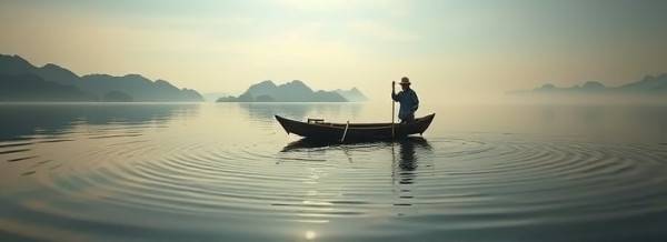 charming HuaHin landscape, calming, a fisherman on a boat, photorealistic, surrounded by calm waters, highly detailed, ripples expanding outwards, depth of field, warm autumnal colors, gentle gleam, shot with a 24mm lens.