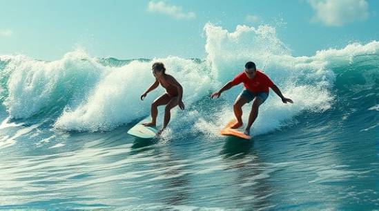 dynamic HuaHin lifestyle, energetic, surfers riding the waves, photorealistic, surfboards cutting through waves, highly detailed, glistening water, high shutter speed, bright neons, midday sun, shot with a sports lens.