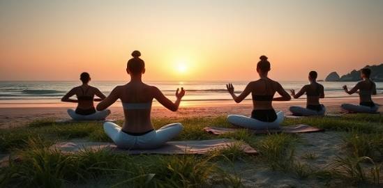 peaceful HuaHin beach, meditative, sunrise yoga session, photorealistic, individuals in meditative poses, highly detailed, gentle wind caressing grass, low ISO, early morning hues, soft sunrise glow, shot with a panoramic lens.