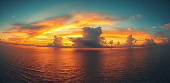 spectacular HuaHin sunset, breathtaking, glowing clouds over ocean horizon, photorealistic, tranquil water reflecting sky, highly detailed, slowly moving clouds, cinematic grain, deep oranges, radiant sunset, shot with a fisheye lens.