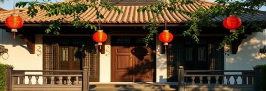 graceful HuaHin villa, sophisticated, adorned with lanterns, photorealistic, shadows playing on façade, highly detailed, gentle waving leaves, high contrast, sandy neutrals, romantic lighting, shot with a standard lens.