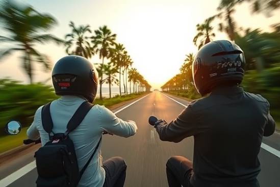 exhilarating HuaHin lifestyle, adventurous, bikers on coastal road, photorealistic, helmet reflections of scenery, highly detailed, movement of passing trees, motion blur, natural greens, fading dusk light, shot with a panoramic lens.