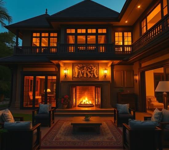 grand HuaHin villa, stately, evening glow from fireplace, photorealistic, plush furnishings visible through windows, highly detailed, firelight flickering shadows, depth and texture, earthy twilight, interior illumination, shot with an architectural lens.