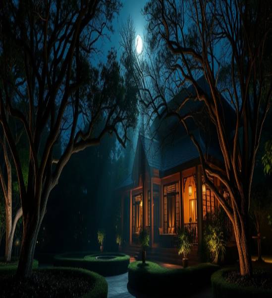 enchanted HuaHin villa, mystical, moonlight spilling over garden, photorealistic, trees casting intricate shapes, highly detailed, ethereal moonbeams, balanced depth, silvery nocturne, cool night light, shot with a specialty night lens.